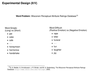 Experimental Design (II/V)
Word Problem: Wisconsin Perceptual Attribute Ratings Database15
Word Simple:
(Long) vs (Short)
• pet
• cake
• cafe
• · · ·
• honeymoon
• harmonica
• handshake
Word Difﬁcult:
(Positive Emotion) vs (Negative Emotion)
• rape
• killer
• funeral
• · · ·
• fun
• laughter
• joy
15
D. A. Medler, A. Arnoldussen, J. R. Binder, and M. S. Seidenberg. The Wisconsin Perceptual Attribute Ratings
Database. http://www.neuro.mcw.edu/ratings/, 2005.
 