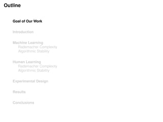 Outline
Goal of Our Work
Introduction
Machine Learning
Rademacher Complexity
Algorithmic Stability
Human Learning
Rademacher Complexity
Algorithmic Stability
Experimental Design
Results
Conclusions
 