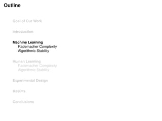 Outline
Goal of Our Work
Introduction
Machine Learning
Rademacher Complexity
Algorithmic Stability
Human Learning
Rademacher Complexity
Algorithmic Stability
Experimental Design
Results
Conclusions
 