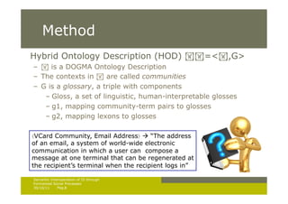 Method
  Hybrid Ontology Description (HOD) !!=<!,G>
 –  ! is a DOGMA Ontology Description
 –  The contexts in ! are called...
