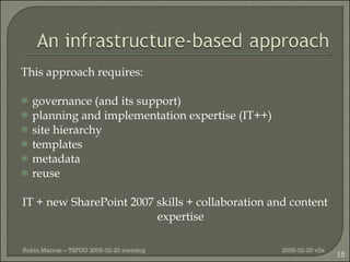 <ul><li>This approach requires: </li></ul><ul><li>governance (and its support) </li></ul><ul><li>planning and implementati...