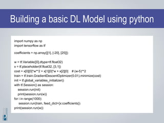 Building a basic DL Model using python
import numpy as np
import tensorflow as tf
coefficients = np.array([[1], [-20], [25]])
w = tf.Variable([0],dtype=tf.float32)
x = tf.placeholder(tf.float32, [3,1])
cost = x[0][0]*w**2 + x[1][0]*w + x[2][0] # (w-5)**2
train = tf.train.GradientDescentOptimizer(0.01).minimize(cost)
init = tf.global_variables_initializer()
with tf.Session() as session:
session.run(init)
print(session.run(w))
for i in range(1000):
session.run(train, feed_dict={x:coefficients})
print(session.run(w))
 
