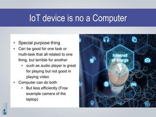 IoT device is no a Computer
• Special purpose thing
• Can be good for one task or
multi-task that all related to one
thing, but terrible for another
• such as audio player is great
for playing but not good in
playing video
• Computer can do both
• But less efficiently (Froe
example camera of the
laptop)
 