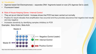  Visualization
• Agarose based Gel Electrophoresis – separates DNA fragments based on size (2% Agarose Gel is used)
• Fluorescent based
 Role of House Keeping Genes / Internal Control
• They act as an Internal Control : Increase shows that PCR has been carried out normally
• Positive IC result indicates that amplification has occurred and thus provides assurance that negative test results
are truly negative
• Increases sensitivity by identifying samples inhibitory to PCR
Examples : Beta-Globin, Beta-Actin
https://www.altona-diagnostics.com/en/kit-components-of-realstar-pcr-kits-ruo-ce.html
 