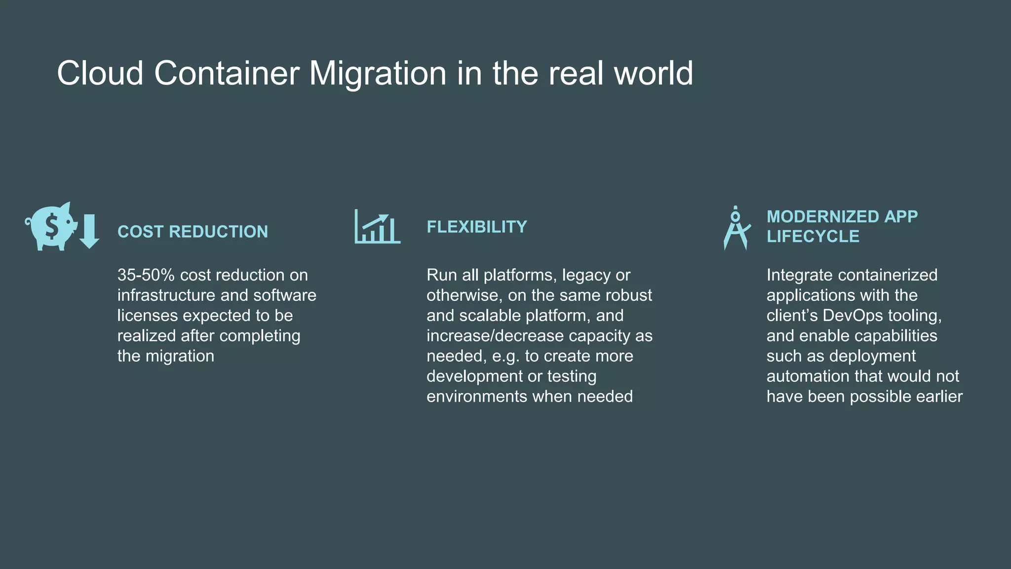 Cloud Container Migration in the real world
Run all platforms, legacy or
otherwise, on the same robust
and scalable platform, and
increase/decrease capacity as
needed, e.g. to create more
development or testing
environments when needed
FLEXIBILITY
35-50% cost reduction on
infrastructure and software
licenses expected to be
realized after completing
the migration
COST REDUCTION
Integrate containerized
applications with the
client’s DevOps tooling,
and enable capabilities
such as deployment
automation that would not
have been possible earlier
MODERNIZED APP
LIFECYCLE
 