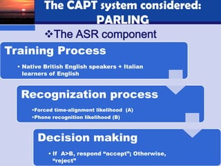 The CAPT system considered:
                   PARLING
       The ASR component
Training Process
  • Native British English speakers + Italian
    learners of English



   Recognization process
      •Forced time-alignment likelihood (A)
      •Phone recognition likelihood (B)



        Decision making
            • If A>B, respond “accept”; Otherwise,
              “reject”                               11
 