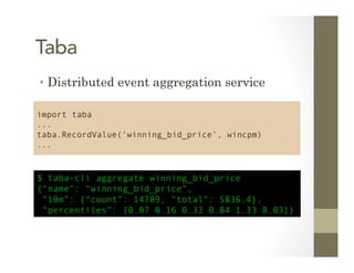 Taba
•  Distributed event aggregation service
import taba
...
taba.RecordValue(‘winning_bid_price’, wincpm)
...
$ taba-cli...