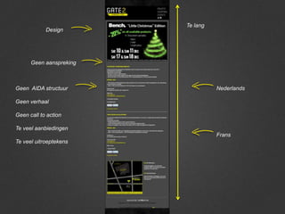 Te lang
            Design




      Geen aanspreking



Geen AIDA structuur                Nederlands

Geen verhaal

Geen call to action

Te veel aanbiedingen
                                   Frans
Te veel uitroeptekens
 