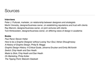 Sources
Interviews
Peter J. Pultorak, marketer, on relationship between designers and strategists
Martin Venezky, designer/business owner, on establishing reputations and trust with clients
Ray Mancini, designer/business owner, on joint ventures with clients
Tom Klinkowstein, designer/business owner, on differing views of design in academia

Books
Paul Rand, Steven Heller
How to be a Graphic Designer without Losing Your Soul, Adrian Shaughnessy
A History of Graphic Design, Philip B. Meggs
Graphic Design HIstory: A Critical Guide, Johanna Drucker and Emily McVarish
Switch, Chip Heath and Dan Heath
Made to Stick, Chip Heath and Dan Heath
On Marketing, Philip Kotler
The Tipping Point, Malcolm Gladwell
 