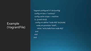 Example
(VagrantFile)
Vagrant.configure("2") do |config|
config.vm.box = "centos/7"
config.cache.scope = :machine
(1..3).each do |i|
config.vm.define "node-#{i}" do |node|
node.vm.provision "shell",
inline: "echo hello from node #{i}"
end
end
end
 