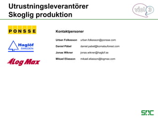 Urban Folkesson urban.folkesson@ponsse.com
Daniel Päbel daniel.pabel@komatsuforest.com
Jonas Wikner jonas.wikner@haglof.se
Mikael Eliasson mikael.eliasson@logmax.com
Kontaktpersoner
Utrustningsleverantörer
Skoglig produktion
 