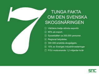 ① Världens tredje största exportör.
② 85% på export.
③ Sysselsätter ca 200.000 personer.
④ Regional betydelse.
⑤ 300 000 enskilda skogsägare.
⑥ 15% av Sveriges industriinvesteringar
⑦ FOU motsvarande 1,2 miljarder kr/år
TUNGA FAKTA
OM DEN SVENSKA
SKOGSNÄRINGEN
 