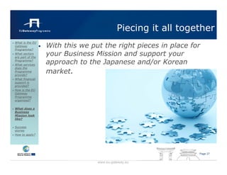 Piecing it all together
What is the EU
Gateway
Programme?
                  •   With this we put the right pieces in place for
What sectors
are part of the
                      your Business Mission and support your
Programme?
What services
                      approach to the Japanese and/or Korean
                      market.
does the
Programme
provide?
What financial
support is
provided?
How is the EU
Gateway
Programme
organised?

What does a
Business
Mission look
like?

Success
stories
How to apply?




                                                                   Page 27


                                     www.eu-gateway.eu
 