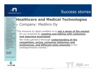 Success stories
                  Healthcare and Medical Technologies
What is the EU
Gateway
Programme?
What sectors
are part of the
Programme?         Company: Medikro Oy
What services
does the
Programme
provide?          “The missions to Japan enabled us to get a sense of the market
What financial
support is
                     for our products by meeting and talking with customers
provided?            and Japanese businesses.
How is the EU
Gateway
Programme
                     We really gained a thorough understanding of the
organised?           competition, prices, consumer behaviour and
What does a
Business             preferences, and different sales channels in the
Mission look
like?
                     cardiopulmonary market.”
Success
stories

How to apply?




                                                                           Page 28


                                       www.eu-gateway.eu
 