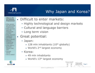 Why Japan and Korea?
                      Difficult to enter markets:
What is the
EU Gateway
Programme?
                  •
What sectors
are part of the
                      – Highly technological and design markets
Programme?
What services         – Cultural and language barriers
does the
Programme
provide?              – Long term vision
What financial
support is
provided?         •   Great potential:
How is the EU
Gateway
Programme
                      – Japan:
organised?
What does a              •   128 mln inhabitants (10th globally)
Business
Mission look             •   World’s 2nd largest economy
like?
Success
stories               – Korea:
How to apply?
                         •   49 mln inhabitants
                         •   World’s 13th largest economy

                                                                   Page 5


                                       www.eu-gateway.eu
 