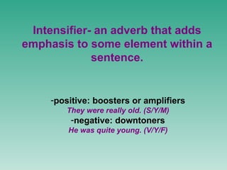 Intensifier- an adverb that adds emphasis to some element within a sentence. ,[object Object],[object Object],[object Object],[object Object]