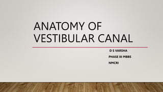 ANATOMY OF
VESTIBULAR CANAL
D S VARSHA
PHASE III MBBS
NMCRI
 