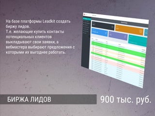 БИРЖА ЛИДОВ 900 тыс. руб.
На базе платформы Leadkit создать
биржу лидов.
Т.е. желающие купить контакты
потенциальных клиентов
выкладывают свои заявки, а
вебмастера выбирают предложения с
которыми их выгоднее работать.
 