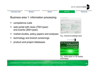 Presentation VDC                 Members                            Mission                       Services
                                                                                                    Services            References




Business area 1: information processing

      competence cube
      web portal with news (750+/year)
      and events (300+/year)
      market studies, policy papers and analyses
                                                                                            Fig.: intranet knowledge base
      technology and branch screenings
      product and project databases




                                                                                            Fig.: white paper on 3D display
                                                                                            technology

© Kompetenzzentrum Virtuelle Realität und Kooperatives Engineering w. V. – Virtual Dimension Center VDC
                                                                                                                               12
 