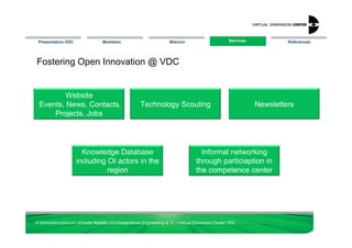 Presentation VDC                 Members                            Mission                       Services
                                                                                                    Services            References




Fostering Open Innovation @ VDC


         Website
 Events, News, Contacts,                              Technology Scouting                                      Newsletters
     Projects, Jobs




                      Knowledge Database                                            Informal networking
                    including OI actors in the                                    through particiaption in
                              region                                              the competence center




© Kompetenzzentrum Virtuelle Realität und Kooperatives Engineering w. V. – Virtual Dimension Center VDC
 