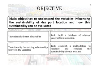 OBJECTIVE
Main objective: to understand the variables influencing
the sustainability of dry port location and how this
sus...