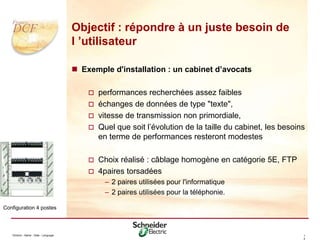 Division - Name - Date - Language 1
2
Objectif : répondre à un juste besoin de
l ’utilisateur
 Exemple d'installation : un cabinet d’avocats
 performances recherchées assez faibles
 échanges de données de type "texte",
 vitesse de transmission non primordiale,
 Quel que soit l’évolution de la taille du cabinet, les besoins
en terme de performances resteront modestes
 Choix réalisé : câblage homogène en catégorie 5E, FTP
 4paires torsadées
– 2 paires utilisées pour l'informatique
– 2 paires utilisées pour la téléphonie.
Configuration 4 postes
 