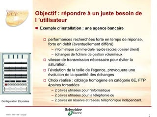 Division - Name - Date - Language 1
4
Objectif : répondre à un juste besoin de
l ’utilisateur
 Exemple d'installation : une agence bancaire
 performances recherchées forte en temps de réponse,
forte en débit (éventuellement différé)
– informatique commerciale rapide (accès dossier client)
– échanges de fichiers de gestion volumineux
 vitesse de transmission nécessaire pour éviter la
saturation,
 l’évolution de la taille de l'agence, provoquera une
évolution de la quantité des échanges
 Choix réalisé : câblage homogène en catégorie 6E, FTP
4paires torsadées
– 2 paires utilisées pour l'informatique
– 2 paires utilisées pour la téléphonie ou
– 2 paires en réserve et réseau téléphonique indépendant.
Configuration 25 postes
 