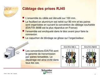 Division - Name - Date - Language 1
6
Câblage des prises RJ45
 L’ensemble du câble est dénudé sur 100 mm.
 Le feuillard en aluminium est retiré sur 80 mm et les paires
sont organisées en suivant la convention de câblage souhaitée
(EIA/TIA 568B est la plus répandue en France)
 l’ensemble est encliqueté dans le bloc avant pour faire la
connexion.
 Le capuchon de blindage se glisse sur l’organisateur.
 Les conventions EIA/TIA sont
la garantie de transmission
par paires torsadées. Le
dépairage est ainsi évité dans
tous les cas.
 