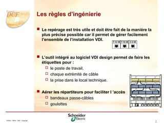 Division - Name - Date - Language 3
5
Les règles d’ingénierie
 Le repérage est très utile et doit être fait de la manière la
plus précise possible car il permet de gérer facilement
l’ensemble de l’installation VDI.
 L’outil intégré au logiciel VDI design permet de faire les
étiquettes pour :
 le poste de travail,
 chaque extrémité de câble
 la prise dans le local technique.
 Aérer les répartiteurs pour faciliter l ’accès
 bandeaux passe-câbles
 goulottes
 