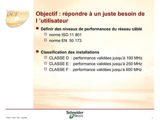 Division - Name - Date - Language 7
Objectif : répondre à un juste besoin de
l ’utilisateur
 Définir des niveaux de performances du réseau câblé
 norme ISO 11 801
 norme EN 50 173
 Classification des installations
 CLASSE D : performance validées jusqu’à 100 MHz
 CLASSE E : performance validées jusqu’à 250 MHz
 CLASSE F : performance validées jusqu’à 600 MHz
 