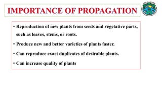 • Reproduction of new plants from seeds and vegetative parts,
such as leaves, stems, or roots.
• Produce new and better varieties of plants faster.
• Can reproduce exact duplicates of desirable plants.
• Can increase quality of plants
 