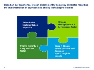 3Less VarianceMarginCustomer CategoryBetter DealsMarginCustomer CategorySuccessful pricing improvement initiatives involve the development and orchestration of your different capability elements Deloitte Pricing Maturity model ®ElementsExamples of advanced maturityPrice ImpactStrategyProfitability analysis is used to develop new  strategiesAssignmentDiscounts and/or extra services are assigned based on impact on customer profitability, (Pay for performance)Organization StructureClear responsibility for pricing decisions and proactive guidance of sales employees in pricing decisionsRewardsBonuses for sales employees vary with the level of profitability contributed by each individual transactionPolicy & ProceduresManaging prices at transactional level asks for guidelines for employees working and bearing responsibility at that levelReports & ToolsSystems are available for sales employees and allow real-time customer profitability reportingStrategyOrganizationProcessTools