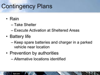 Contingency Plans
 • Rain
   – Take Shelter
   – Execute Activation at Sheltered Areas
 • Battery life
   – Keep spare batteries and charger in a parked
     vehicle near location
 • Prevention by authorities
   – Alternative locations identified
 
