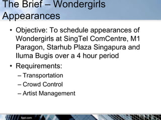 The Brief – Wondergirls
Appearances
 • Objective: To schedule appearances of
   Wondergirls at SingTel ComCentre, M1
   Paragon, Starhub Plaza Singapura and
   Iluma Bugis over a 4 hour period
 • Requirements:
   – Transportation
   – Crowd Control
   – Artist Management
 