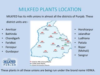 • Amritsar
• Bathinda
• Chandigarh
• Faridkot
• Ferozpur
• Gurdaspur
• Horshiarpur
• Jalandhar
• Ludhiana
• Patiala
• Ropar
(Mohali)
• Sangrur
MILKFED has its milk unions in almost all the districts of Punjab. These
district units are:-
These plants in all these unions are being run under the brand name VERKA.
 