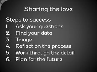 Sharing the love
Steps to success
1.   Ask your questions
2.   Find your data
3.   Triage
4.   Reflect on the process
5.   Work through the detail
6.   Plan for the future
 