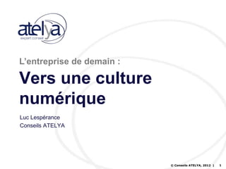 L’entreprise de demain :

Vers une culture
numérique
Luc Lespérance
Conseils ATELYA




                           © Conseils ATELYA, 2012 |   1
 