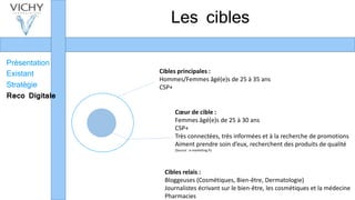 Les cibles
Présentation
Existant
Stratégie
Reco Digitale
Cibles relais :
Bloggeuses (Cosmétiques, Bien-être, Dermatologie)
Journalistes écrivant sur le bien-être, les cosmétiques et la médecine
Pharmacies
Cœur de cible :
Femmes âgé(e)s de 25 à 30 ans
CSP+
Très connectées, très informées et à la recherche de promotions
Aiment prendre soin d’eux, recherchent des produits de qualité
(Source : e-marketing.fr)
Cibles principales :
Hommes/Femmes âgé(e)s de 25 à 35 ans
CSP+
 