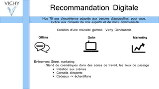 Recommandation Digitale
Nos 75 ans d’expérience adaptés aux besoins d’aujourd’hui, pour vous,
Grâce aux conseils de nos experts et de notre communauté
Evènement Street marketing
Stand de cosmétiques dans des zones de travail, les lieux de passage
 Initiation aux crèmes
 Conseils d’experts
 Cadeaux -> échantillons
Création d’une nouvelle gamme Vichy Générations
Offline Onlin
e
Marketing
 