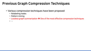 Previous Graph Compression Techniques
• Various compression techniques have been proposed
• Relabeling nodes
• Pattern mining
• Lossless graph summarization  One of the most effective compression techniques
• …
 