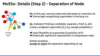 MoSSo: Details (Step 2) – Separation of Node
P4. In this way, moving nodes only decreases or maintains 𝑺𝑺
 Discourage reorganizing supernodes in the long run
𝑦𝑦
S4. Instead of finding a candidate, separate 𝒚𝒚 from 𝑺𝑺𝒚𝒚 and
create a singleton supernode 𝑺𝑺𝒚𝒚 w.p. escape probability 𝒆𝒆
 Inject flexibility to supernodes (a partition of 𝑽𝑽)
 Empirically significant improvement in compression rates
Similar to before,
accept or reject the separation depending on Δ𝝋𝝋
𝑣𝑣
Testing
node
𝑢𝑢
 