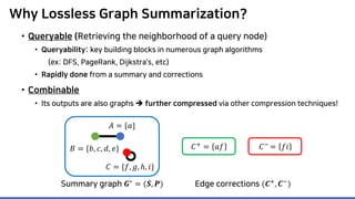 Why Lossless Graph Summarization?
• Queryable (Retrieving the neighborhood of a query node)
• Queryability: key building blocks in numerous graph algorithms
(ex: DFS, PageRank, Dijkstra’s, etc)
• Rapidly done from a summary and corrections
• Combinable
• Its outputs are also graphs  further compressed via other compression techniques!
𝐶𝐶+ = 𝑎𝑎𝑎𝑎 𝐶𝐶− = 𝑓𝑓𝑖𝑖
Summary graph 𝑮𝑮∗ = (𝑺𝑺, 𝑷𝑷) Edge corrections (𝑪𝑪+
, 𝑪𝑪−
)
𝐴𝐴 = {𝑎𝑎}
𝐵𝐵 = {𝑏𝑏, 𝑐𝑐, 𝑑𝑑, 𝑒𝑒}
𝐶𝐶 = {𝑓𝑓, 𝑔𝑔, ℎ, 𝑖𝑖}
 