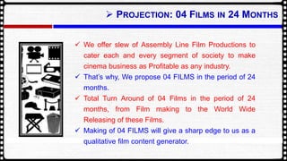 ? PROJECTION: 04 FILMS IN 24 MONTHS
? We offer slew of Assembly Line Film Productions to
cater each and every segment of society to make
cinema business as Profitable as any industry.
? Thats why, We propose 04 FILMS in the period of 24
months.
? Total Turn Around of 04 Films in the period of 24
months, from Film making to the World Wide
Releasing of these Films.
? Making of 04 FILMS will give a sharp edge to us as a
qualitative film content generator.
 