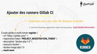 Ajouter des runners Gitlab CI
Disponible sous Linux, Mac OS, Windows ou Docker
$ sudo gitlab-ci-multi-runner register 
--url "https://gitlab.com/" 
--registration-token "PROJECT_REGISTRATION_TOKEN" 
--description "docker-php-7.0" 
--executor docker 
--docker-image php:7.0
… much more
 