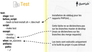 test:
stage: test
before_script:
- bash ci/test-install.sh > /dev/null
script:
- make test
except:
- master
- develop
when: on_success
artifacts:
paths:
- ./
Installation de xdebug pour les
rapports PHPUnit, …
{
Cette tâche ne se déclenchera pas
sur les branches master et develop
(mais se déclenchera sur les
branches des merge requests)
Les tests sont exécutés uniquement
si le build du projet n’a pas échoué
Test
 