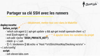 deploy:recette:
before_script:
- 'which ssh-agent || ( apt-get update -y && apt-get install openssh-client -y )'
- eval $(ssh-agent -s)
- ssh-add <(echo "$SSH_PRIVATE_KEY")
- mkdir -p ~/.ssh
- '[[ -f /.dockerenv ]] && echo -e "Host *ntStrictHostKeyChecking nonn" >
~/.ssh/config’
script:
- ssh eleven-labs.com
Partager sa clé SSH avec les runners
À ajouter dans les variables du projet
Idéalement, mettre tout ceci dans le Makefile
 