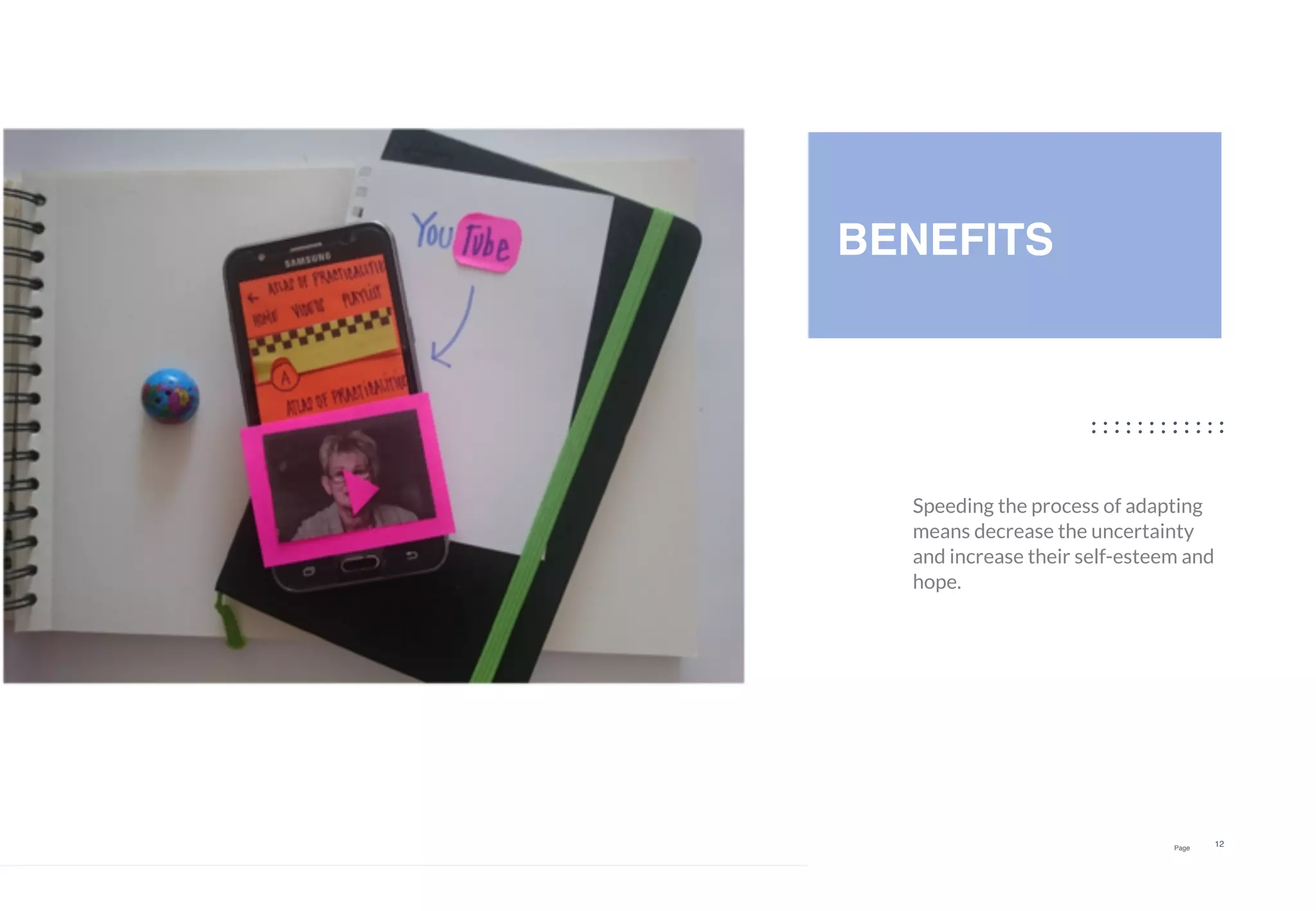 Page
12
Speeding the process of adapting
means decrease the uncertainty
and increase their self-esteem and
hope.
BENEFITS
 