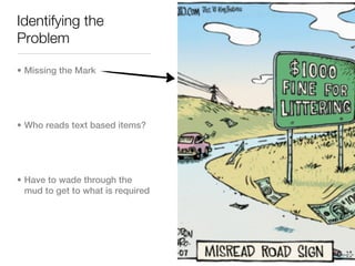 Identifying the
Problem

• Missing the Mark




• Who reads text based items?




• Have to wade through the
  mud to get to what is required
 