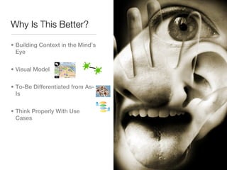 Why Is This Better?

• Building Context in the Mind’s
  Eye


• Visual Model


• To-Be Differentiated from As-
  Is


• Think Properly With Use
  Cases
 