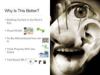 Why Is This Better?

• Building Context in the Mind’s
  Eye


• Visual Model


• To-Be Differentiated from As-
  Is


• Think Properly With Use
  Cases


• Text Based BE GONE!!!!!
 